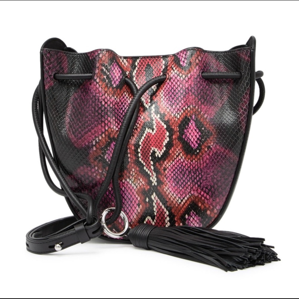 Rebecca Minkoff Pink, red & Black Snake-Print Crossbody Bag with Tassel